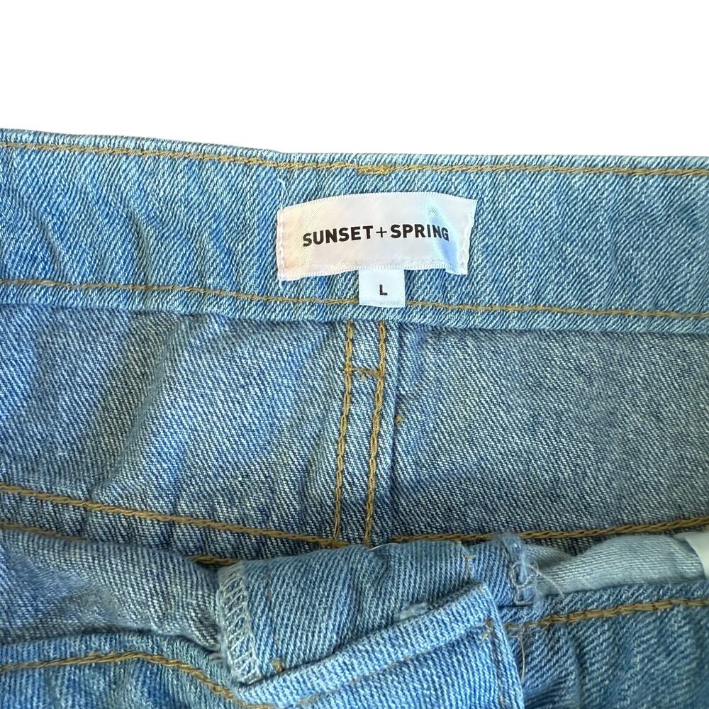 Sunset & Spring L Patchy Destroyed Denim Mini Skirt Frayed Raw Hem Distressed - Picture 3 of 5